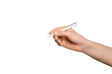 Male hand with a white pen for writing, isolate.