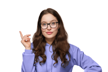 A smiling teenage girl with long hair and glasses. The girl is wearing a violet oversized sweatshirt, pointing up.