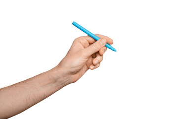 Men's with a blue pen for writing, isolate.