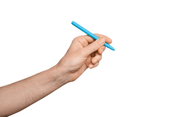 Men's with a blue pen for writing, isolate.