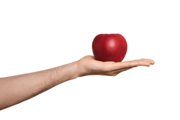 Male hand palm up, in the palm of a red apple, isolate.