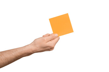 Sticker in male hand, palm up, isolate.