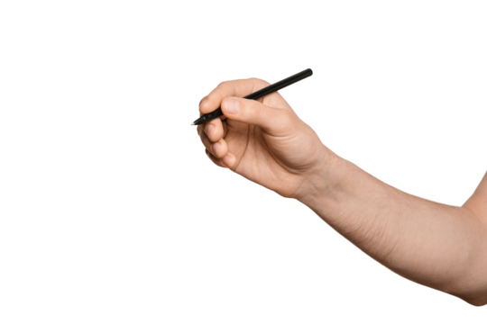 Man's hand with a black pen for writing, isolate.