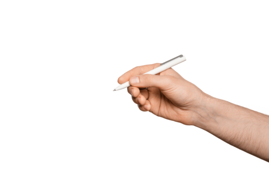 Male hand with a white pen for writing, isolate.