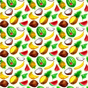 Illustration watercolor fruits pattern vector elements, banana, pineapple, watermelon, coconut