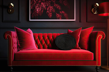 Crimson red colored sofa with cushions. Interior design illustration of a couch reated using generative AI tools.