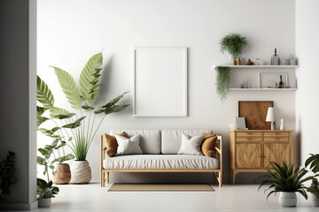 Home mockup white room with natural wooden furniture.