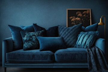 Dark blue colored sofa with cushions. Interior design illustration of a couch reated using generative AI tools.