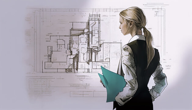 MUJER ARQUITECTA, MIRANDO UN PLANO. ILUSTRACION. COLOR. IA GENERATIVA. HORIZONTAL