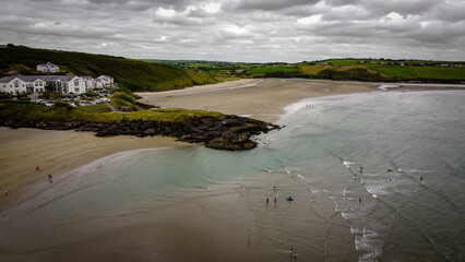 Virgin Mary headland on Inchydoney beach, coast of Ireland, top view. A popular Irish beach, a...
