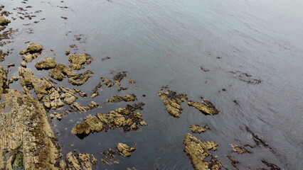 Rocky seashore, top view. Big rocks in the water. Seascape. Brown rock formation on water