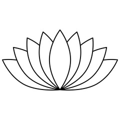 Lotus flower icon, flat style black color outline vector symbol object. Seven petals floral label, yoga, wellness industry, meditation logo. Isolated on white background.