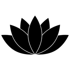 Lotus flower icon, flat style black color vector symbol object. Seven petals floral label, yoga, wellness industry, meditation logo. Isolated on white background.