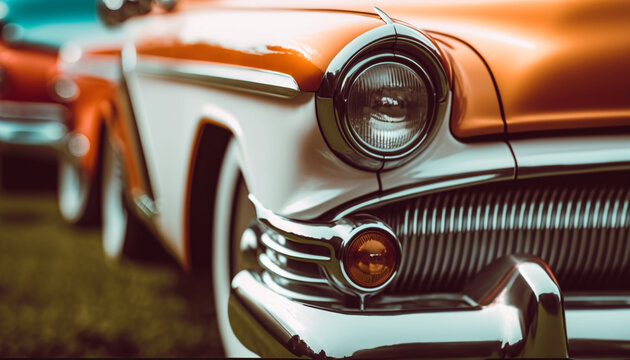 Close-up shot of a vintage car in cream and orange colors - Generative AI