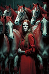 Fototapeta na wymiar Woman among horses. Generative AI.