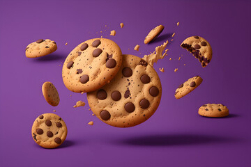 Confectionery. Illustration of cookies with chocolate drops on purple background with copy space. Generative AI