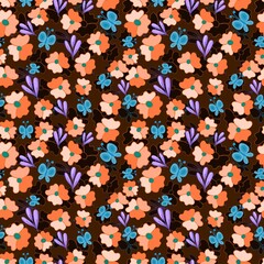 Seamless pattern of orange flowers and blue Butterflies 
