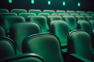 Naklejka premium Empty chairs pattern. Rows of empty green plush chairs. Generative AI