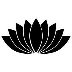 Lotus flower icon, flat style black color vector symbol object. Nine petals floral label, yoga, wellness industry, meditation logo. Isolated on white background.