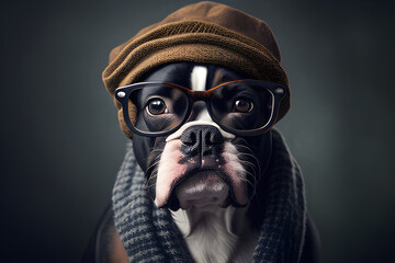  Portrait of a dog wearing hat and glasses / Generative AI