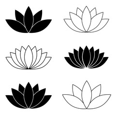 Lotus flower icon set, flat style black and white color vector symbol objects. Floral label, yoga, wellness industry, meditation logo. Isolated on white background.