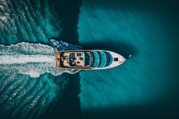 Aerial view of alone yacht sailling on azure water. Generative AI