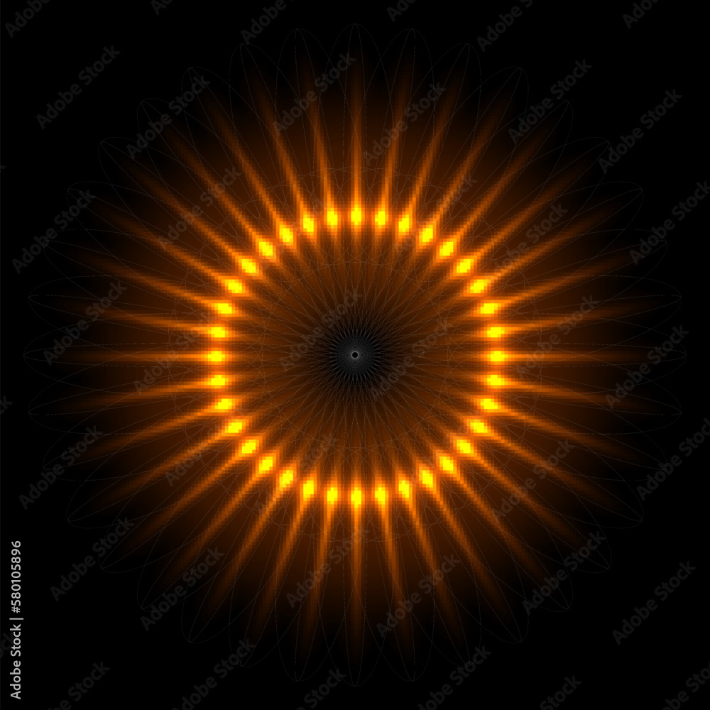 Poster solar eclipse with gold fiery flashes on edge vector illustration. abstract golden circle frame of s