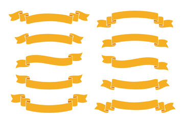Yellow vintage ribbon icons set. Vector gold festive design elements isolated on white background