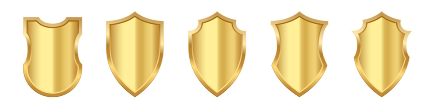 Gold shield set, realistic isolated golden trophy, 3d luxury safety protection emblems