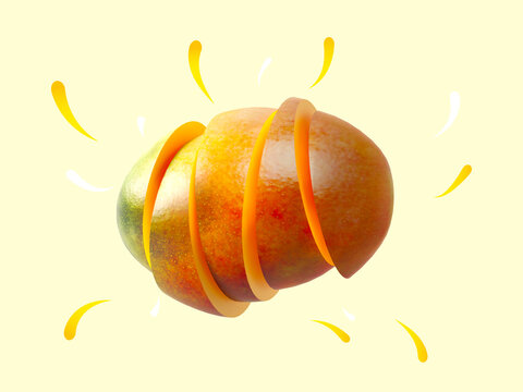 One sliced mango isolated on yellow background. Floating tasty ripe mango parts orange inside and cartoon comic juice drops. Fresh creative fruit for promotion and web. 3d render illustration.