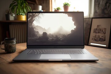 Fototapeta premium Modern laptop with blank screen on table. Photo generative AI