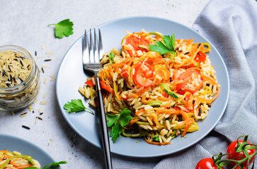 Wild Rice Mix with Vegetable Noodles on Bright Background