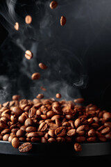 Steaming coffee beans in movement.