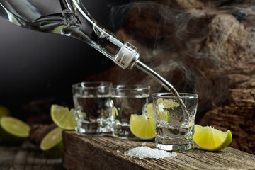 Tequila is poured from a bottle into a glass.