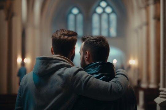 Two gay men kiss in a church. Generative AI