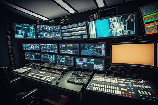 TV/Video Control Room. Photo generative AI