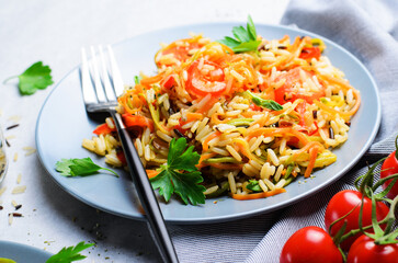 Wild Rice Mix with Vegetable Noodles on Bright Background