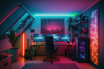Neon-Lit Gamer Room Interior. Photo generative AI