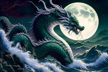 Japanese dragon in the sky at night with wave and moon / Generative AI