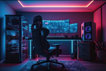 Night Gaming Room With Neon Light. Chair, Speakers, Monitor. Photo generative AI