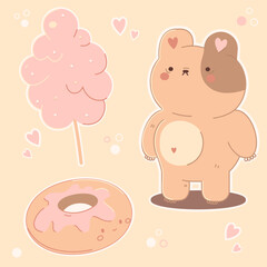 Obraz na płótnie Canvas Cute sticker in a pastel concept on a beige background. Kawaii bear,donut,cotton candy.Kid graphic.Vector Illustration.