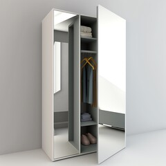 Modern closet with mirrors closet with clothes. Generative AI.