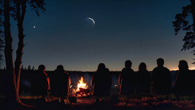 back photo silhouette of a small group of people sitting in forest at campfire in the night and watching sky with moon, generative AI