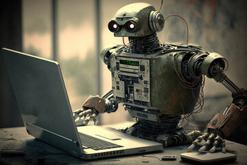 Humanoid cyborg robot working on the laptop as chat bot.Concept artificial intelligence