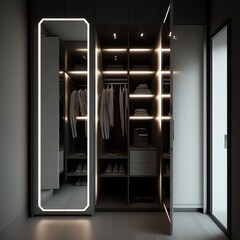 Modern closet with mirrors and LED lights with clothes. Generative AI.