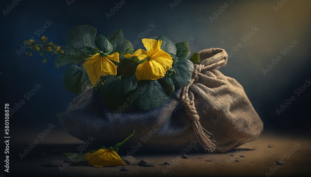 Poster a bag of flowers sitting on a table next to a flower pot with yellow flowers in it and a string bag 