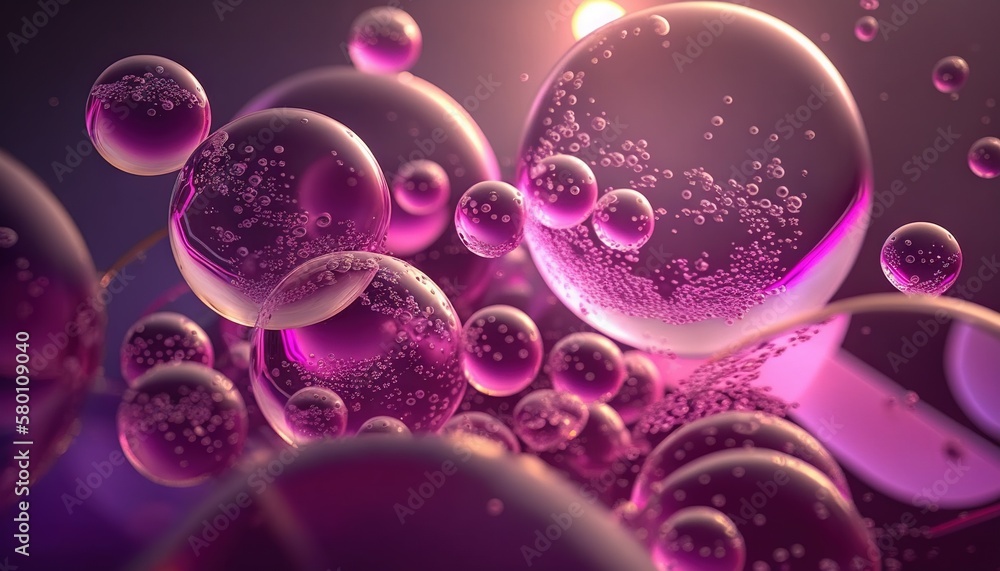 Poster a bunch of bubbles that are floating in the air with a bright light in the back ground of the image 