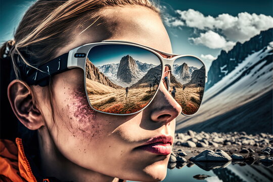 Sunglasses mirrored reflection of the wondrous mountain path and sunny sky portrayed by hiker woman in natural adventurous and nature exploring concept by Generative AI.