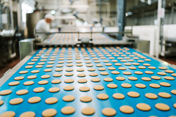 Huge factory line for sweet food and cookies production. Close up shots of industrial manufacturing...