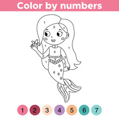 Coloring by numbers. Cute cartoon mermaid. Coloring book for preschool children. Fairy tale. Educational game. Vector illustration.